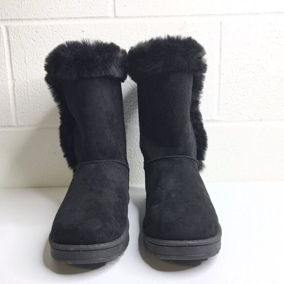 SO for Kohl's Womens Abigail Boots Faux Fur Black Slip On Button Detail Size 8 M - Picture 2 of 11